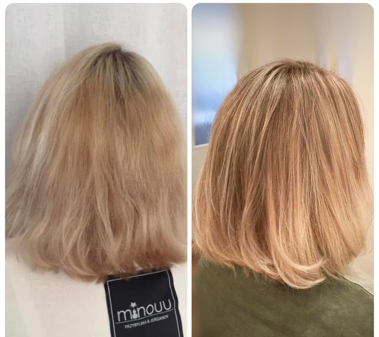 Celoplošně zesvětlené blond vlasy před přechodem na melírování a lowlights